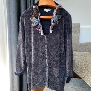 D.A.R. vintage Sweater chenille floral ribbons gray charcoal blue size XL